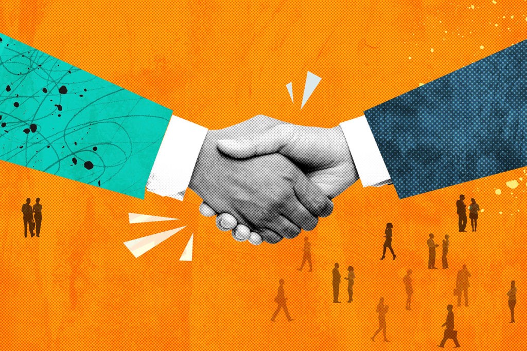 Stylized illustration of a handshake between two business professionals symbolizing channel partner collaboration, with silhouettes of people in the background.