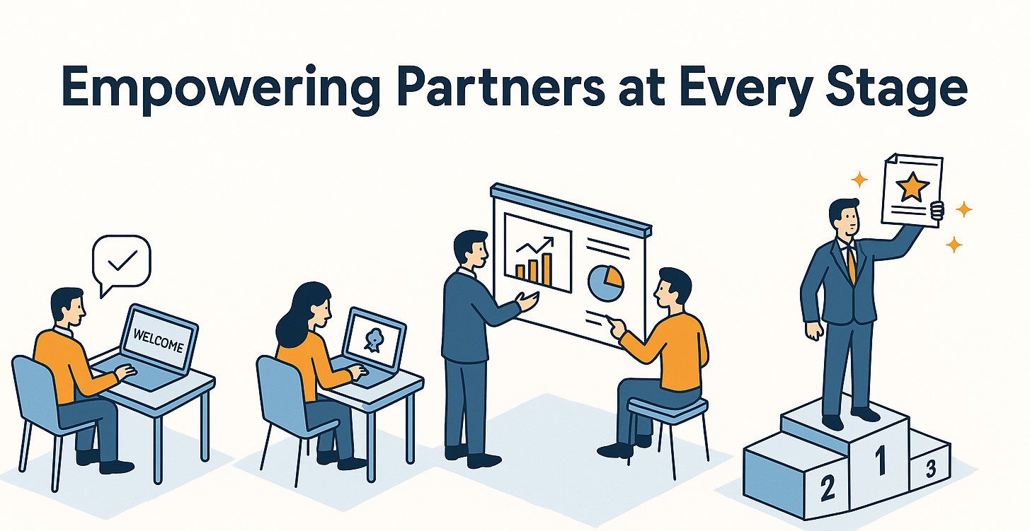 Flat vector illustration showing the partner enablement journey, including onboarding, training, sales support, marketing campaigns, and performance recognition.