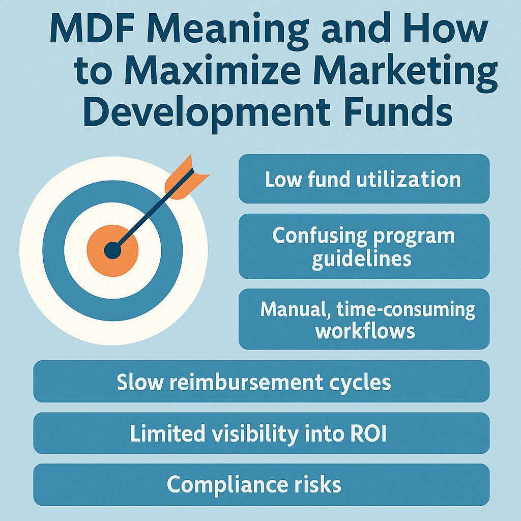 Infographic titled "MDF Meaning and How to Maximize Marketing Development Funds" illustrating MDF program structure, benefits, and best practices for channel partners and manufacturers