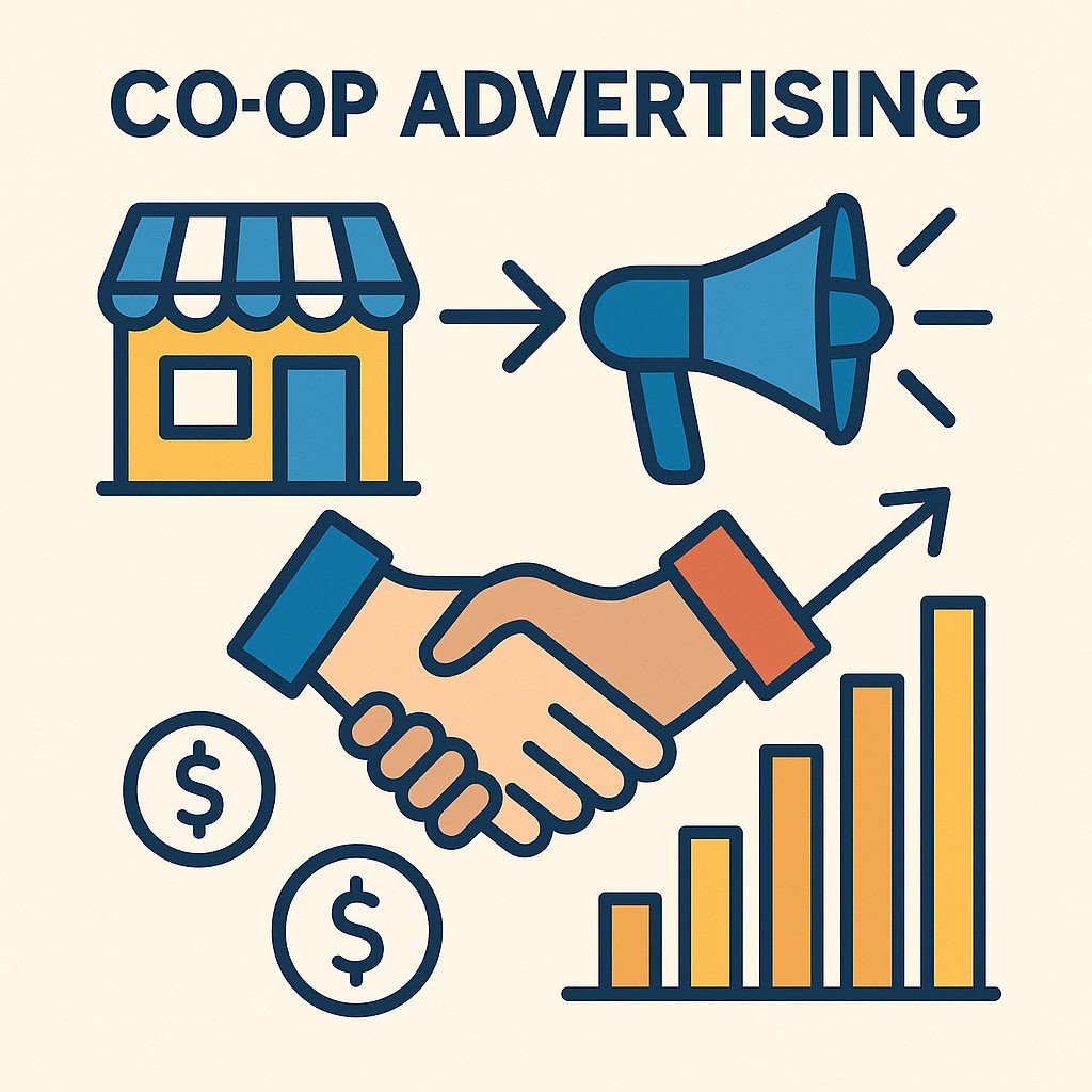 Modern graphic of co-op advertising concept showing a handshake, storefront, and marketing growth—symbolizing shared advertising between partners.