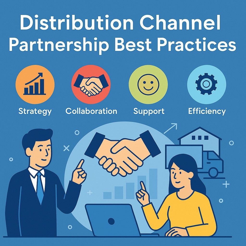 Infographic showing best practices for distribution partnerships including strategy, collaboration, support, and efficiency, with business characters and supply chain icons.