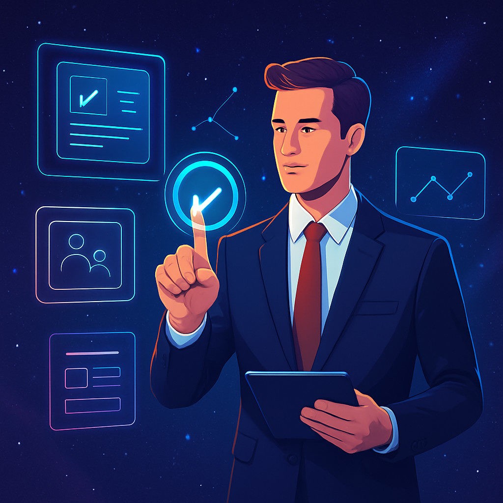 A futuristic illustration of a business professional using advanced virtual reality technology aboard a starship, symbolizing digital transformation and automation in deal registration programs.