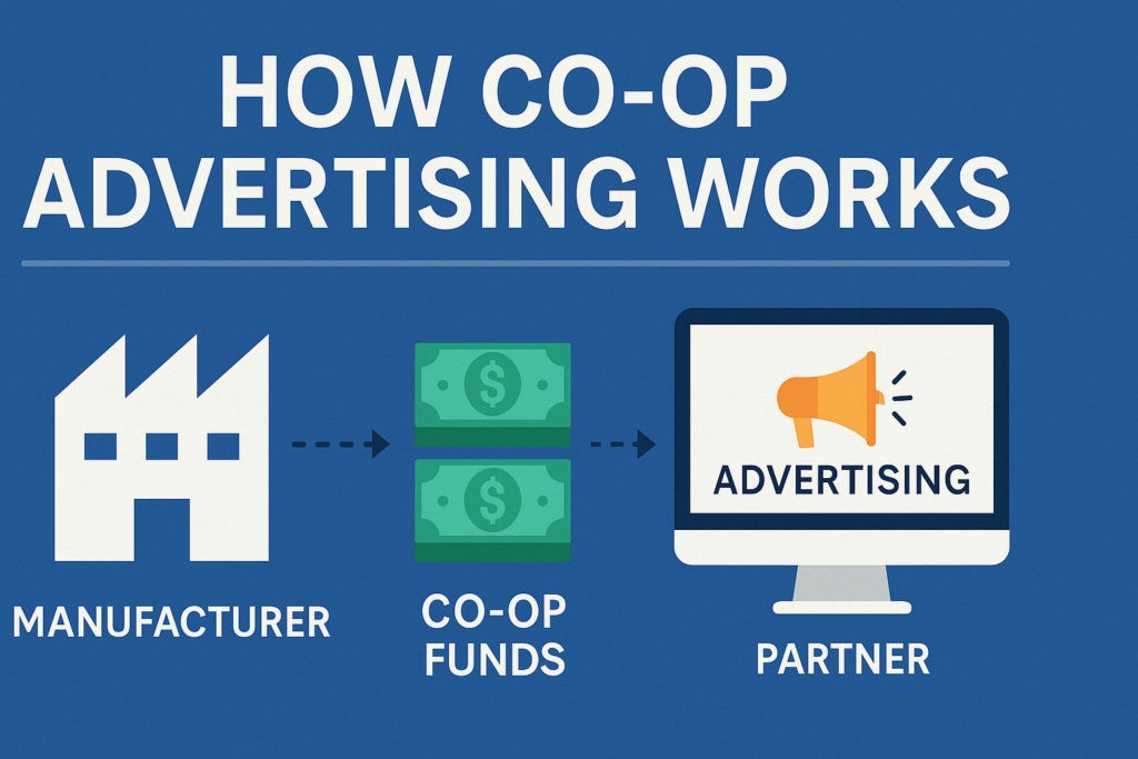 Infographic showing how co-op advertising works, with icons representing the manufacturer providing co-op funds to partners for advertising campaigns.