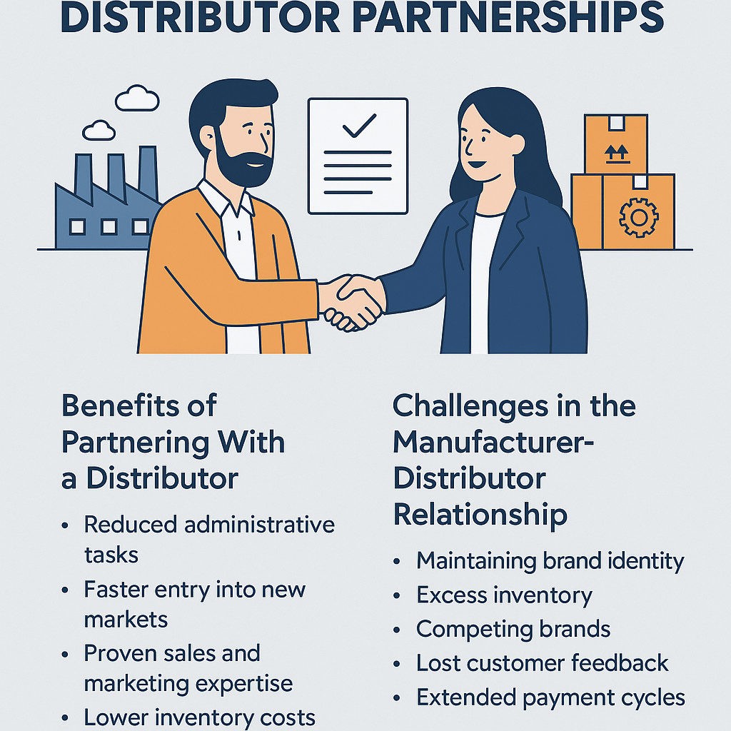 Infographic showing the benefits and challenges of a manufacturer-distributor partnership, including cost savings, faster market entry, brand identity concerns, and inventory issues.