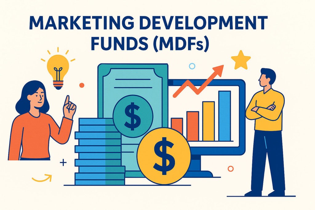 Illustration showing business professionals with financial symbols, bar graphs, and dollar signs, representing Marketing Development Funds (MDFs) and channel partner engagement strategies.