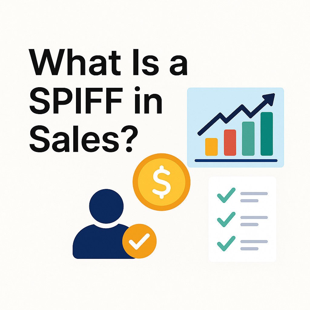 2D digital graphic illustrating the SPIFF sales definition with icons of a dollar sign, checklist, graph, and sales representative.
