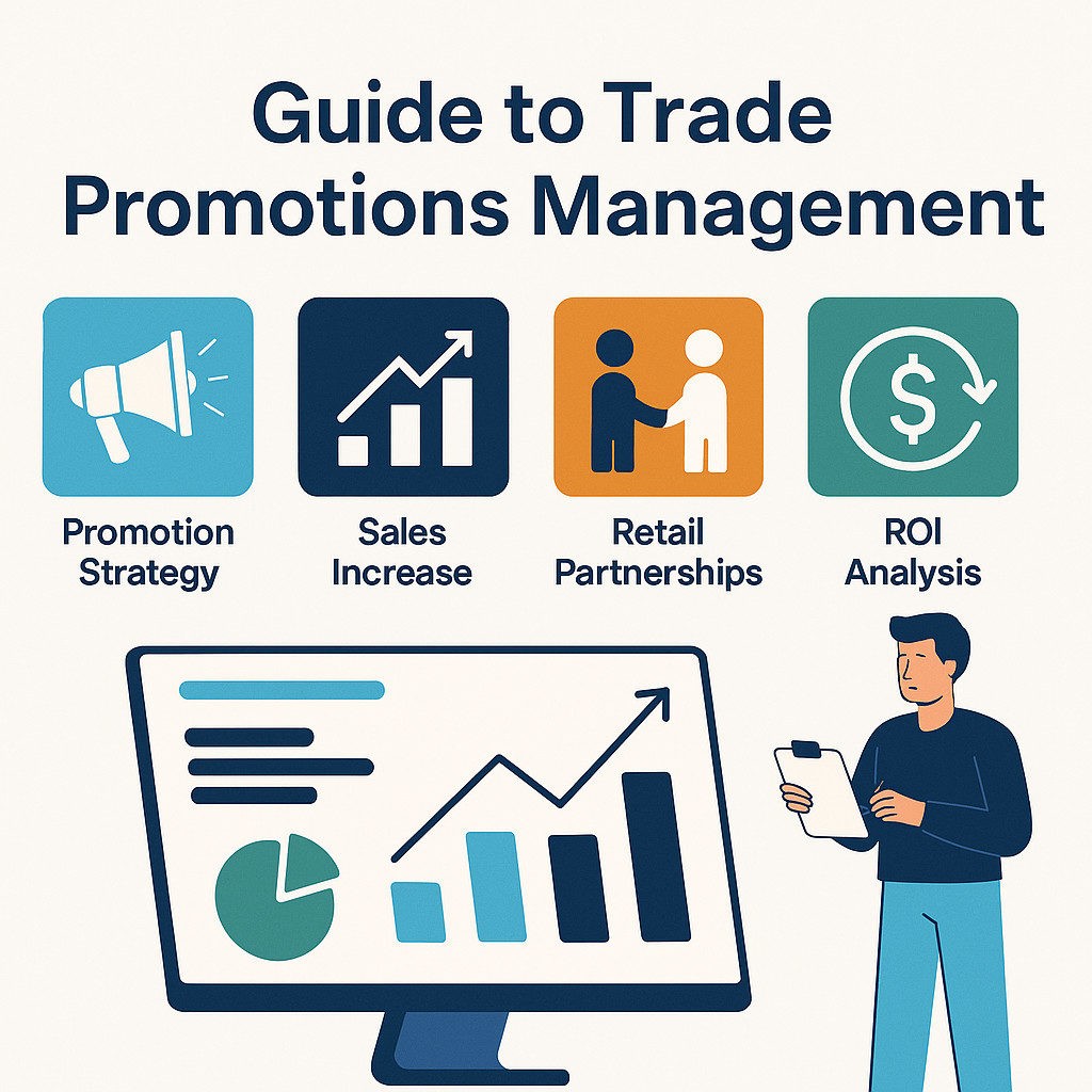 Infographic showing key elements of trade promotions management, including promotion strategy, retail partnerships, and ROI analysis.