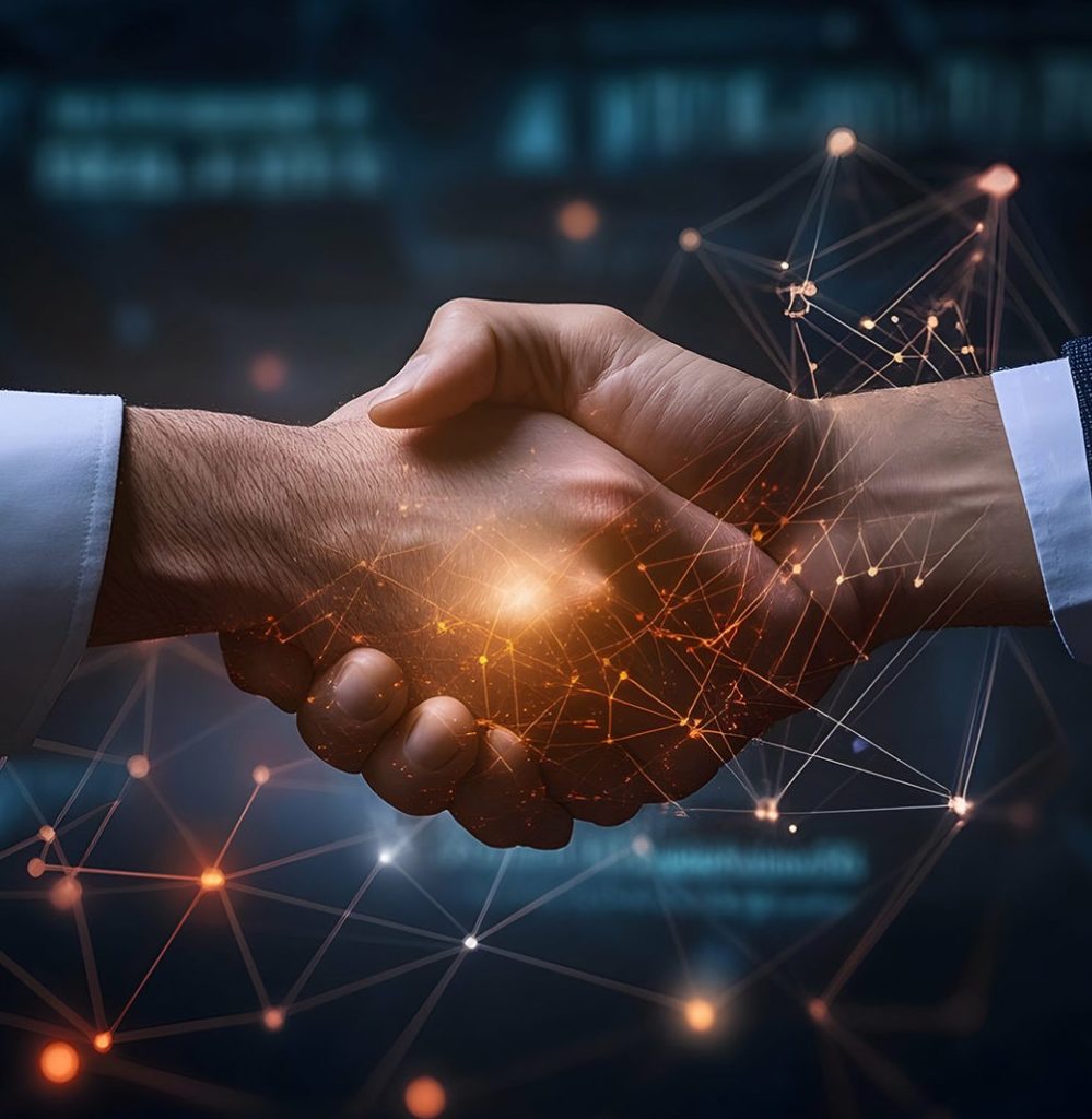 Two business professionals shaking hands with digital network overlay, symbolizing channel partner collaboration and channel management software integration.
