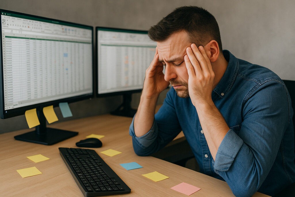 A frustrated marketing professional sitting at a desk surrounded by computer monitors displaying messy Excel spreadsheets, symbolizing the challenges of manual Co-Op and MDF management.