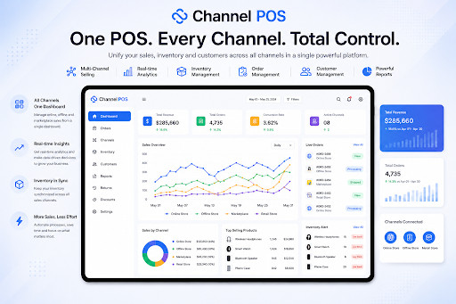 Channel POS dashboard displaying real-time sales analytics, inventory management, order tracking, customer data, and business performance metrics through an intuitive point-of-sale software interface for multi-channel retail operations.