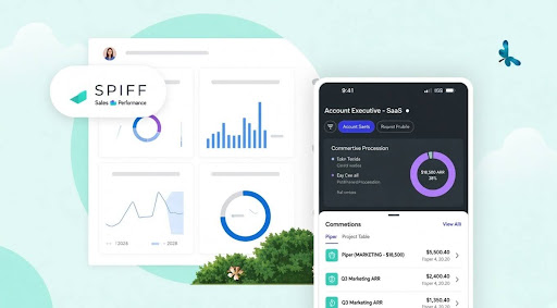 unnamed (10) SPIF Sales Performance dashboard with charts next to a mobile app showing Account Executive SaaS commissions and ARR data