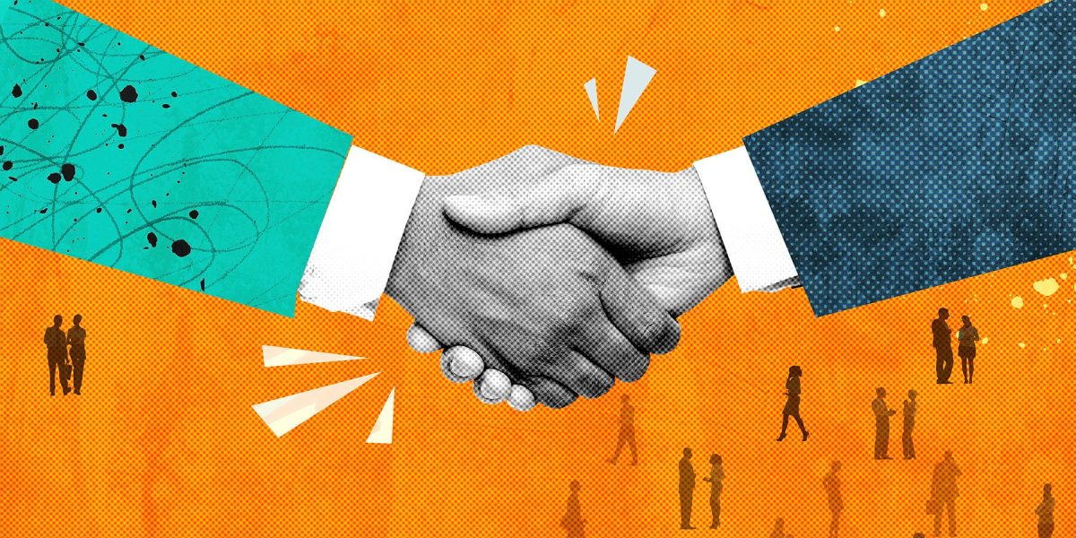 Stylized illustration of a handshake between two business professionals symbolizing channel partner collaboration, with silhouettes of people in the background.