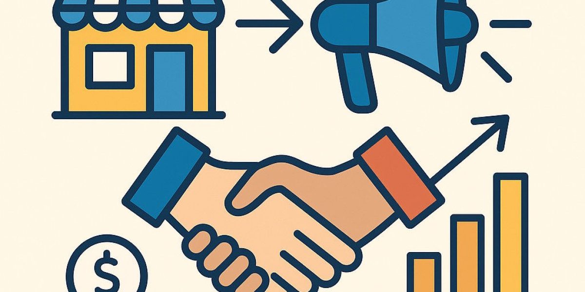 Modern graphic of co-op advertising concept showing a handshake, storefront, and marketing growth—symbolizing shared advertising between partners.