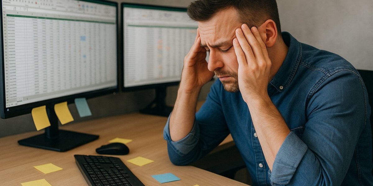 A frustrated marketing professional sitting at a desk surrounded by computer monitors displaying messy Excel spreadsheets, symbolizing the challenges of manual Co-Op and MDF management.