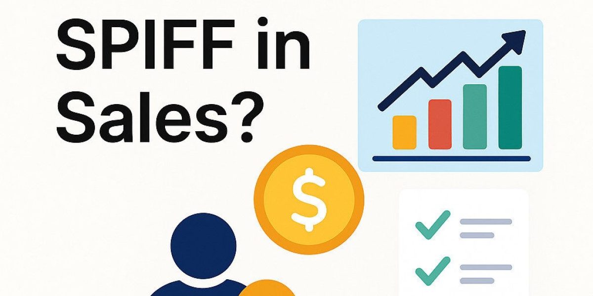 2D digital graphic illustrating the SPIFF sales definition with icons of a dollar sign, checklist, graph, and sales representative.
